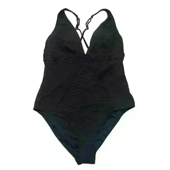 Ribbed Plunge Crossback Tummy Control One Piece Swimsuit Black NWT Size XL - Picture 3 of 10